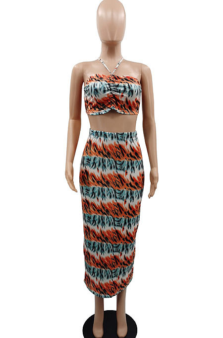Sexy Chest Wrap Backless Open Fork Skirts Sets GB8017
