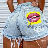 Trendy Mid Waist Printing Ripped Buckle  Skinny Denim Shorts HHC1993