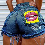 Trendy Mid Waist Printing Ripped Buckle  Skinny Denim Shorts HHC1993