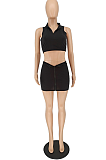 Stylish Pure Color Zipper Lapel Sleeveless Shirts SetsNL6069