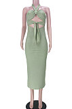 Pure Color Pit Bar Sexy Halter Neck Bandage Backless Midi Dress GL6386