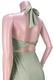 Pure Color Pit Bar Sexy Halter Neck Bandage Backless Midi Dress GL6386