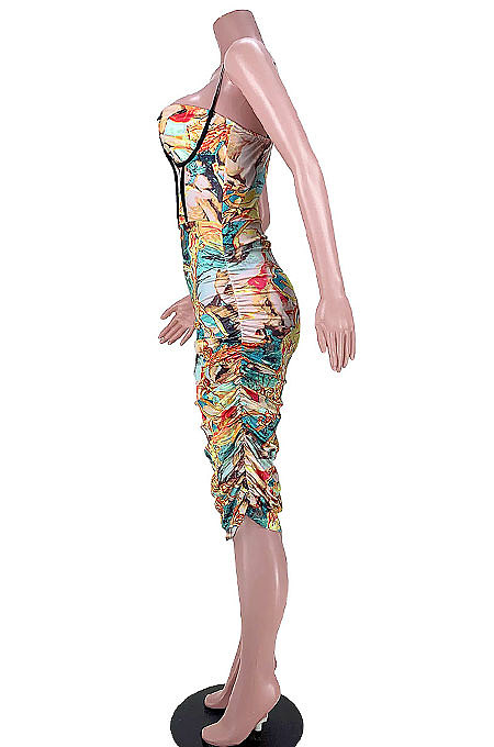 Sexy Ruffle Printing Condole Belt Mini Dress GL6385