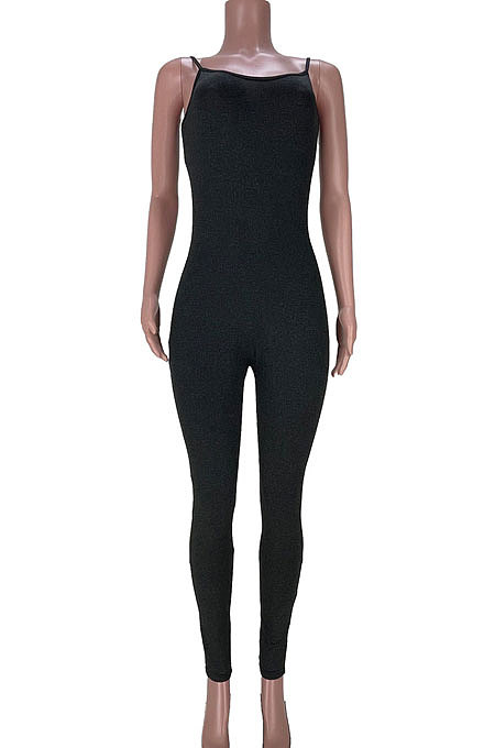 Euramerican Trendy Women Sexy Condole Belt Pure Color Bodycon Jumpsuits MDF5212