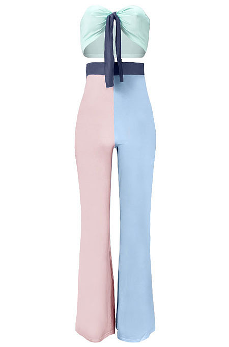 Contrast Color Spliced Chest Wrap Flare Leg Pants Sets GL6379