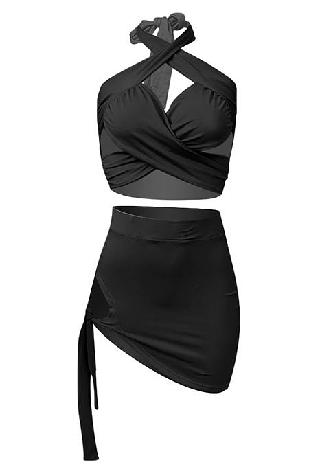 Pure Color Halter Neck Bandage Skirts Sets NK248