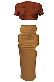 Short Sleeve Crsoo Top Drawsting Hole Package Hip Skirt Sets NK247