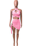 Pure Color Halter Neck Bandage Skirts Sets NK248