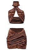 Halter Neck Net Yarn Spliced Cross Ruffle Reflective Skirt Sets GL6378