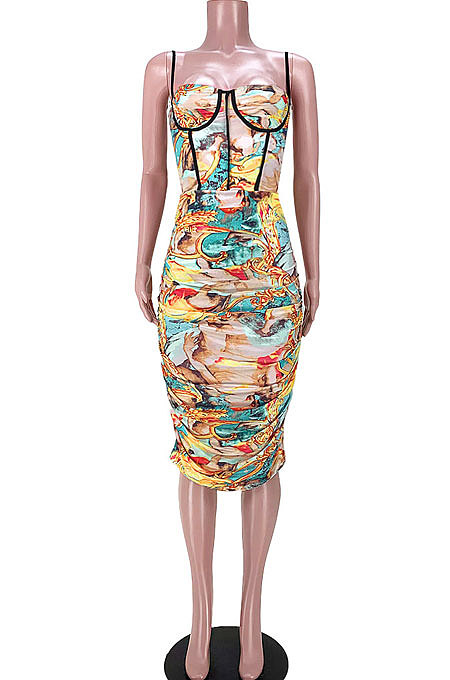 Sexy Ruffle Printing Condole Belt Mini Dress GL6385