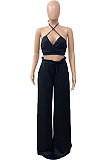 Sexy Women Pure Color Condole Belt Boob Tube Top Loose Long Pants Halter Neck Fashion Sets DY6966