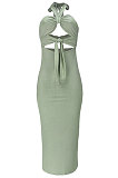 Pure Color Pit Bar Sexy Halter Neck Bandage Backless Midi Dress GL6386