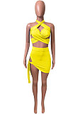 Pure Color Halter Neck Bandage Skirts Sets NK248