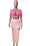 Short Sleeve Crsoo Top Drawsting Hole Package Hip Skirt Sets NK247