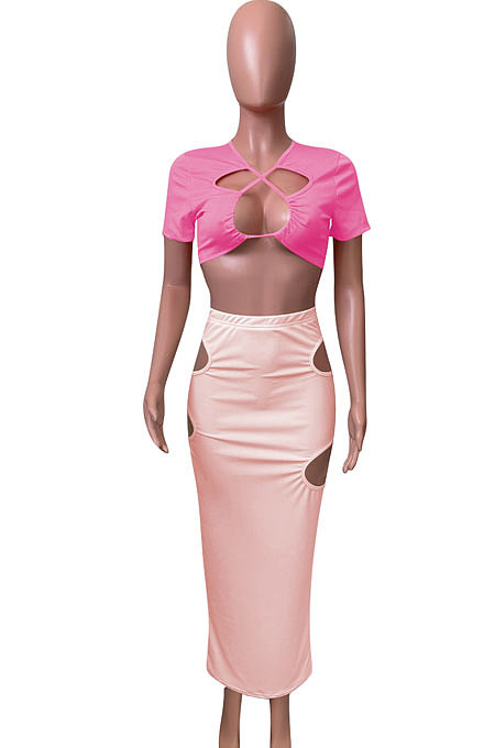 Short Sleeve Crsoo Top Drawsting Hole Package Hip Skirt Sets NK247