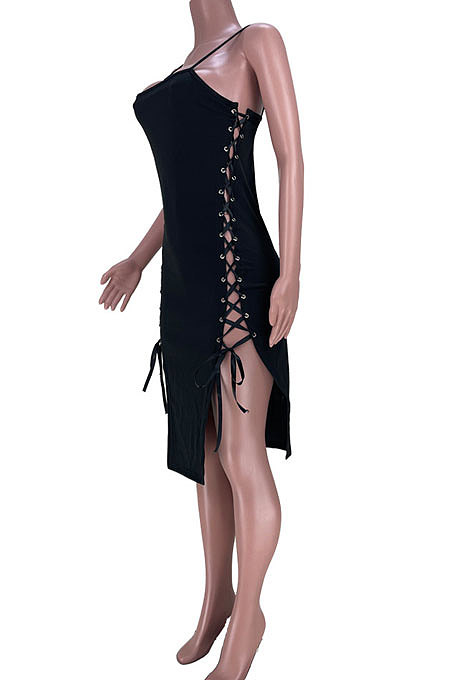 Sexy Women Eyelet Bandage Pure Color Condole Midi Dress MDF5240