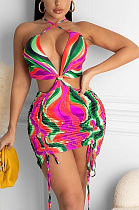 Women Print Halter Hollow Out Pleats Off Back Dress NL6070