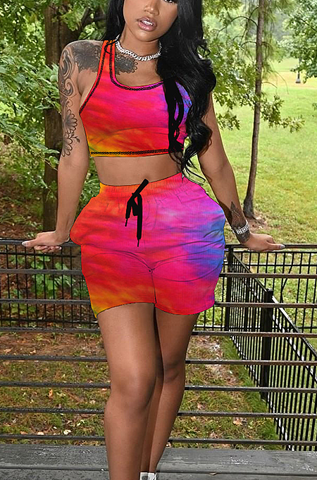 Casual U-Neck Sleeveless Printe Vest Shorts Sets NL6071