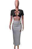 Short Sleeve Crsoo Top Drawsting Hole Package Hip Skirt Sets NK247
