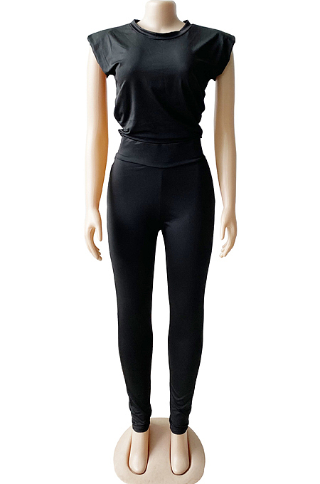 Fashion Pure Color Shoulder Pads Long Pants Two-Piece WM2518