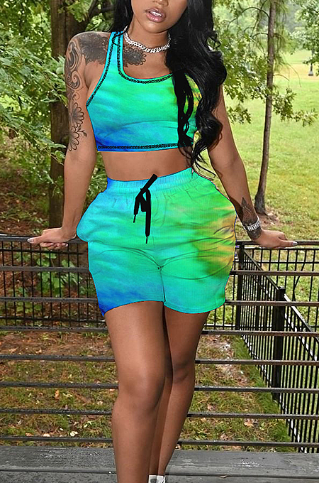 Casual U-Neck Sleeveless Printe Vest Shorts Sets NL6071