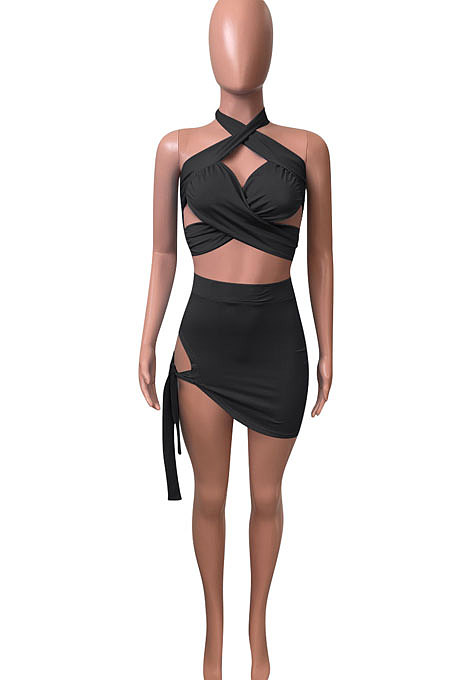 Pure Color Halter Neck Bandage Skirts Sets NK248
