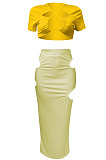 Short Sleeve Crsoo Top Drawsting Hole Package Hip Skirt Sets NK247