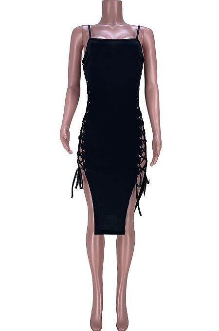 Sexy Women Eyelet Bandage Pure Color Condole Midi Dress MDF5240