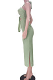 Pure Color Pit Bar Sexy Halter Neck Bandage Backless Midi Dress GL6386