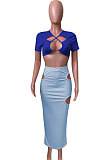 Short Sleeve Crsoo Top Drawsting Hole Package Hip Skirt Sets NK247