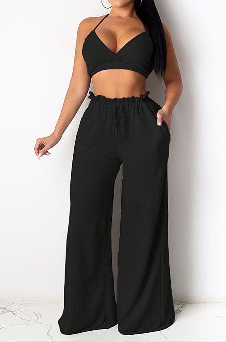 Sexy Women Pure Color Condole Belt Boob Tube Top Loose Long Pants Halter Neck Fashion Sets DY6966