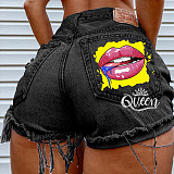 Trendy Mid Waist Printing Ripped Buckle  Skinny Denim Shorts HHC1993