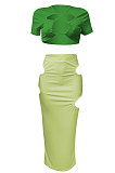 Short Sleeve Crsoo Top Drawsting Hole Package Hip Skirt Sets NK247