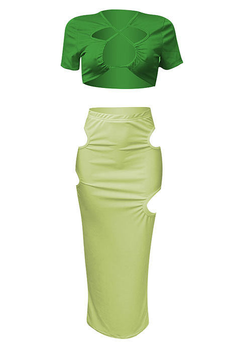 Short Sleeve Crsoo Top Drawsting Hole Package Hip Skirt Sets NK247