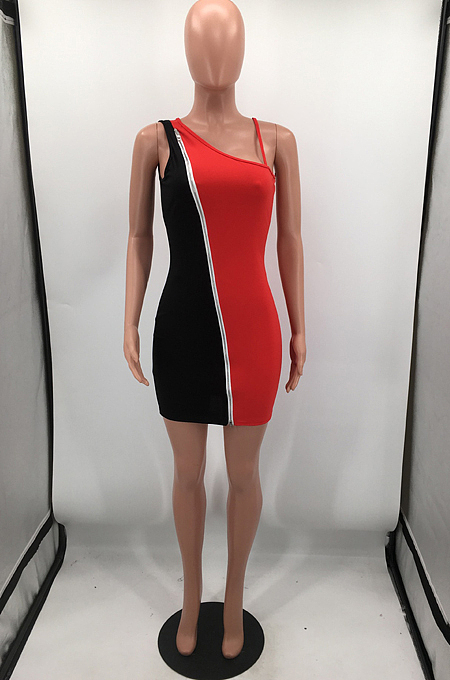 Color Matching Double Zipper Night Club Dress HH8977