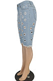 Hole Washed Jeans Mid Waist Casual Denim Half Pants YYZ860