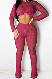 Women Perspective Pure Color Net Hole Long Pants Two-Pieces QQM4292