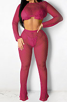 Women Perspective Pure Color Net Hole Long Pants Two-Pieces QQM4292
