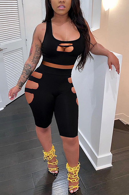 Casual Fashion Ripped Pure Color Sleeveless Shorts Sets NL6065