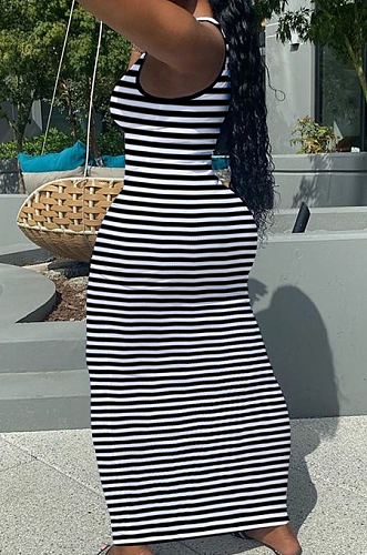 Sexy Deep V Stripe Printing Vest Long Dress HY5228 