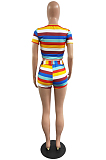 Fashion Stripe Printing Short Sleeve Shorts Montrast Color Sets H1660