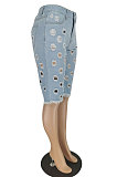 Hole Washed Jeans Mid Waist Casual Denim Half Pants YYZ860
