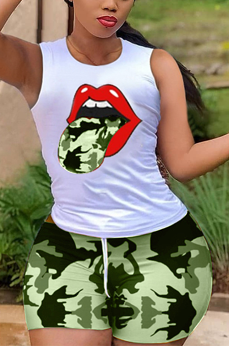 Summer Sexy Lip Print Casual Vest Shorts Sets AB6642