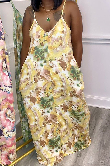 Euramerican Printed Loose Condole Belt Long Dress With Pocket WY6804