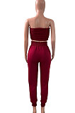 Women Shirred Detail Chest Wrap Pure Color Sport Casual Pants Sets NK249