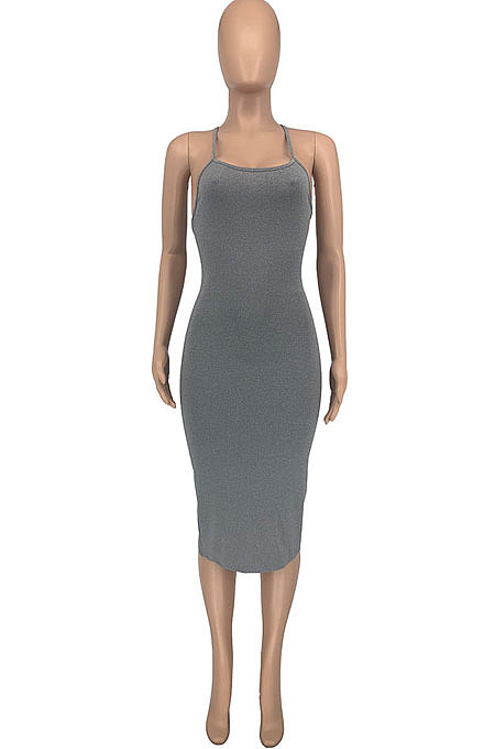 Fashion Casual Pure Color Condole Belt Backless Midi Dress GLS8167