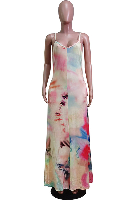 Euramerican Printed Loose Condole Belt Long Dress With Pocket WY6804