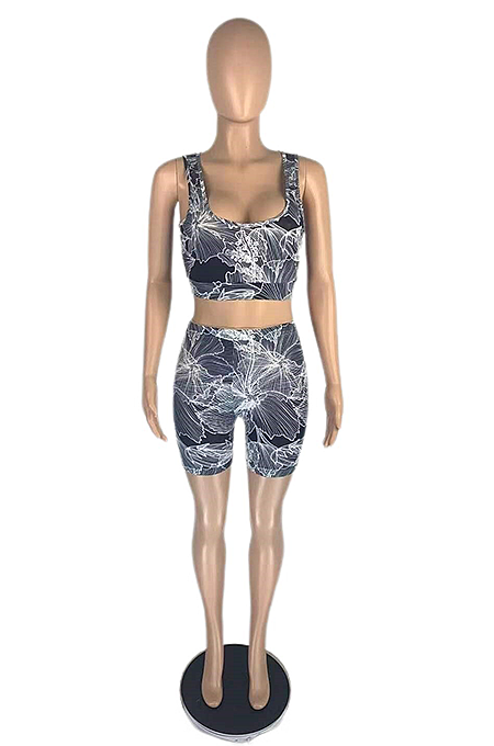 Sexy Summer Round Neck Print Casual Shorts Sets AB6649