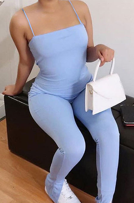 Trendy Casual Condole Belt Pure Color Open Fork Bodycon Jumpsuits GLS8147