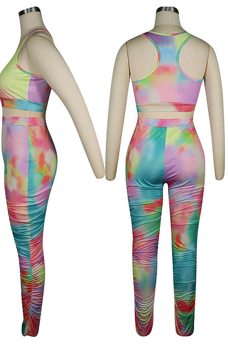 Tie Dye Printing Vest Ruffle Opne Fork Long Pants Sets QQM4293